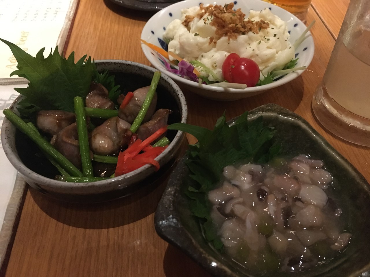 砂肝ニンニクの芽、ポテトサラダ、タコワサ